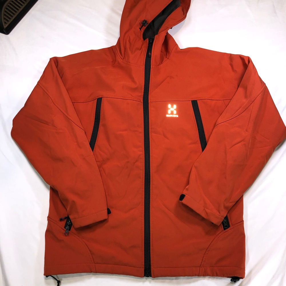 Haglofs Mens Softshell Hooded Jacket Orange Full Zip Outdoor Fleece Lined XL